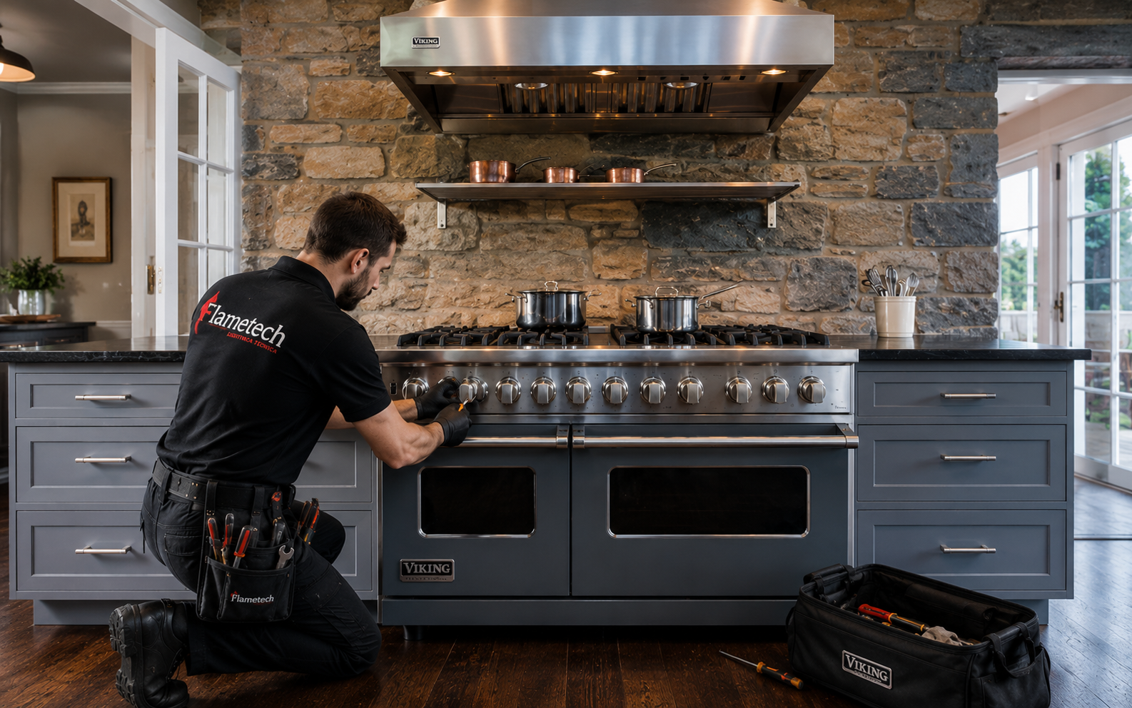 Técnico da Flametech realizando manutenção em fogão Viking premium